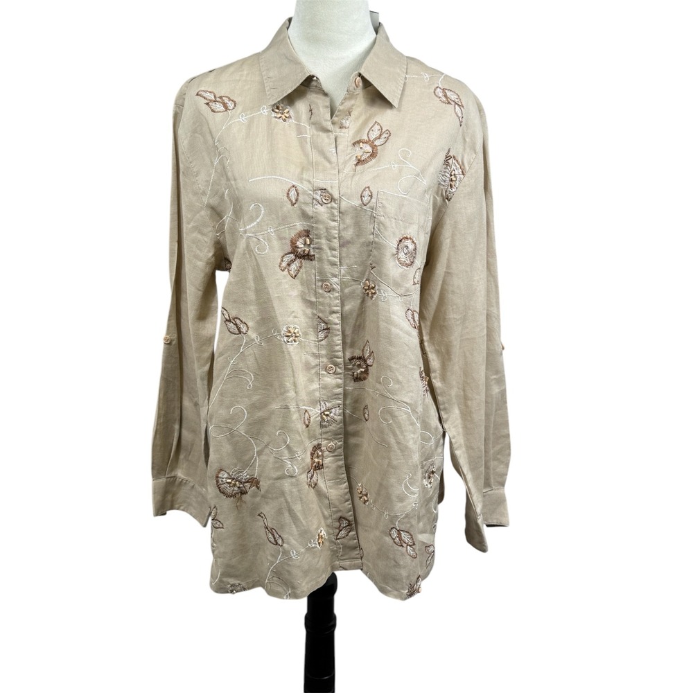 Sunny Leigh Linen Embroidered Button‎ Down Shirt Long Sleeve Top XL